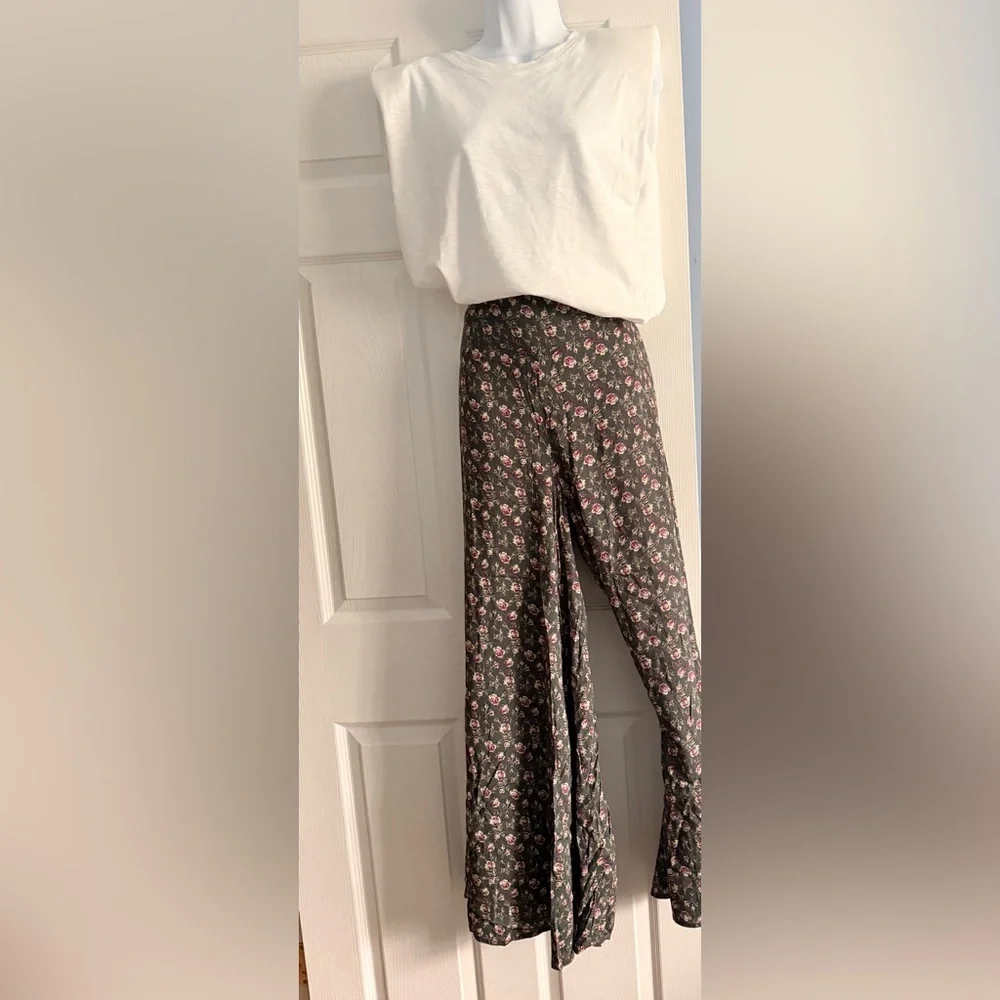 Free People Floral Wide Leg Pants - Gray and Pink